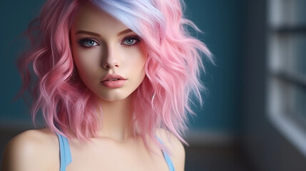 Fototapeta premium Portrait of beautiful model with blue pink hair for an advertisement for cosmetics brand.