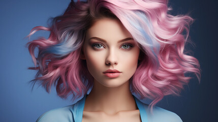 Fototapeta premium Portrait of beautiful model with blue pink hair for an advertisement for cosmetics brand.