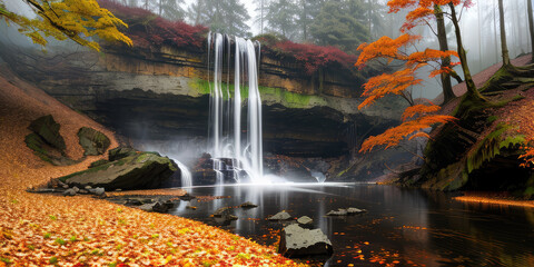 Autumn misty forest waterfall landscape in the morning