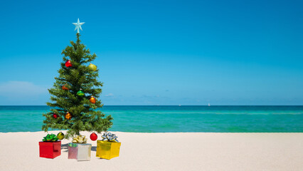 Christmas Tree on the beach. Merry Christmas. Present gift box. Happy New Year. Winter Holidays....