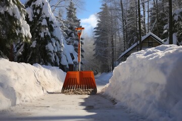 snow shovel resting on a cleared driveway section