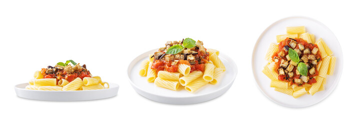 Roasted eggplant tomato sauce pasta on a white isolated background