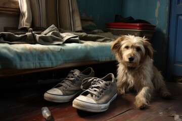 well-worn walking shoes next to a dogs bed
