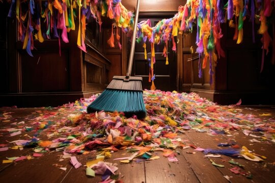 broom sweeping a floor covered in confetti