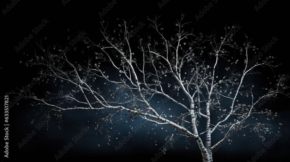 Poster a tree with white branches in a dark night with snow flakes on it. generative ai