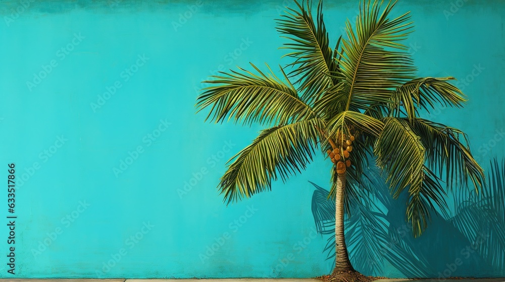 Poster a palm tree against a blue wall with a shadow on it. generative ai