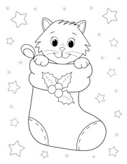 christmas coloring page. outline drawing of a cat and a stocking. print it on standard 8.5x11 inch letter paper