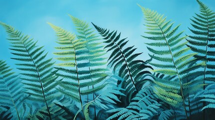  a painting of green leaves against a blue sky with clouds.  generative ai