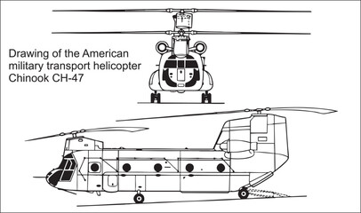 
Vector drawing of the American military transport helicopter  Chinook CH-47. General view. Front, side view. Cad scheme. 