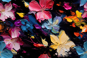 seamless pattern - repeatable texture of abstract colorful flowers on black background