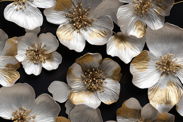 seamless pattern - repeatable texture of abstract white flowers on black background with gold