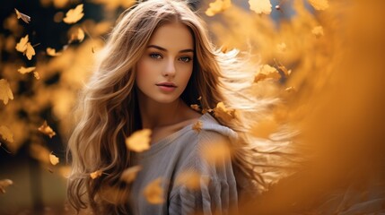 Girl with autumn leaves - obrazy, fototapety, plakaty