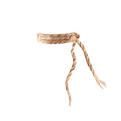Jute spiral cord with knot and free ends. Hand drawn watercolor burlap linen rope illustration. Isolated on white background. Rustic decoration.
