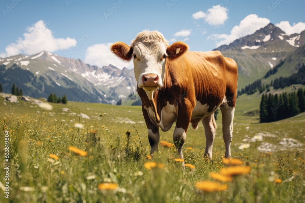 Poster a cow at a field of grass with mountains in the background generative ai
