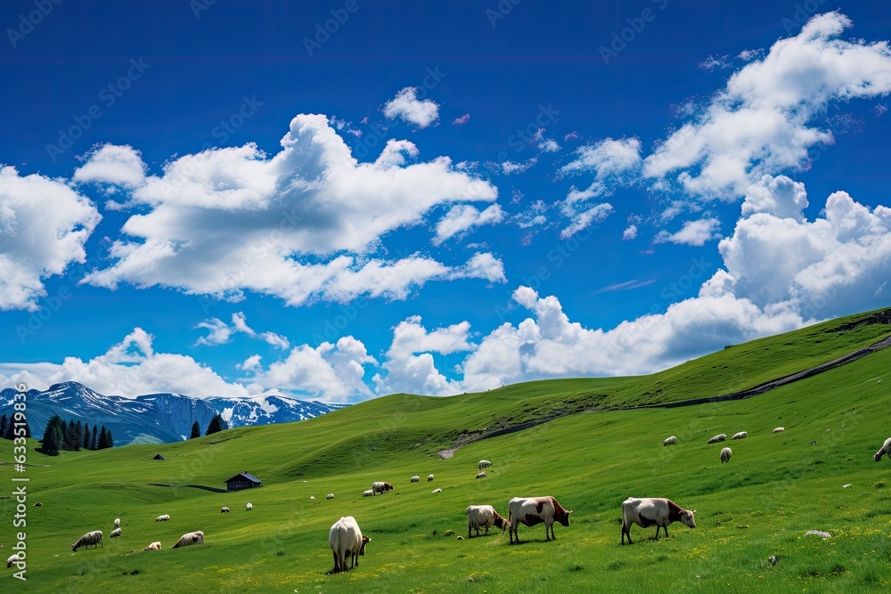 Poster cows in the meadows in the mountains generative ai