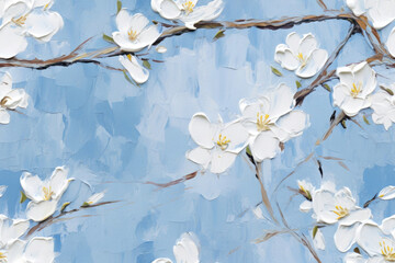 seamless pattern - repeatable texture of abstract white cherry blossoms on light blue background