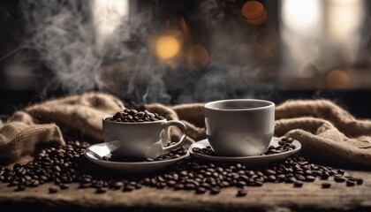 Cup of coffee and coffee beans in burlap sack on old wooden background.