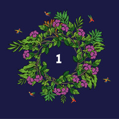 Círculo de flores, anillo de flores, pájaros y vegetación, colibríes y flores, anillo de flores, anillo de ramas de árbol. © cristian