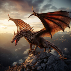 Flying dragon with wings, mountain terrains, at sunset