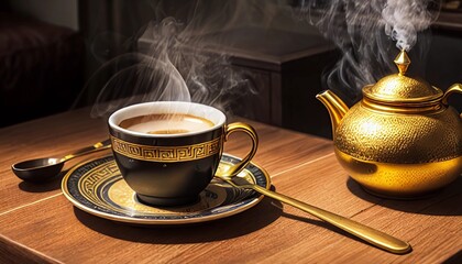 Cup of coffee and coffee beans in burlap sack on old wooden background.