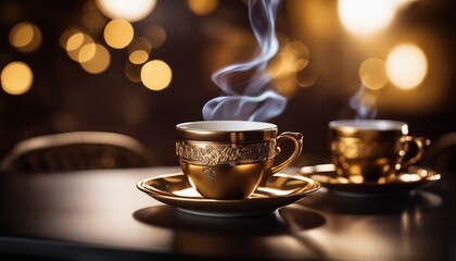 Cup of coffee and coffee beans in burlap sack on old wooden background.