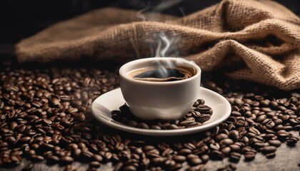 Cup of coffee and coffee beans in burlap sack on old wooden background.