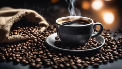 Cup of coffee and coffee beans in burlap sack on old wooden background.