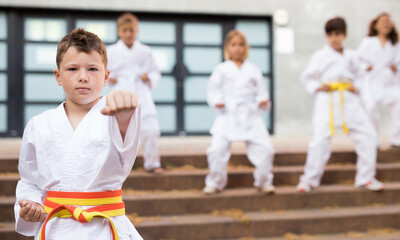 Fototapeta na wymiar Little boy make karate exercises on the city street