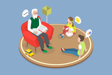 3D Isometric Flat Vector Conceptual Illustration of Grandfather Story, Visiting Grandparents