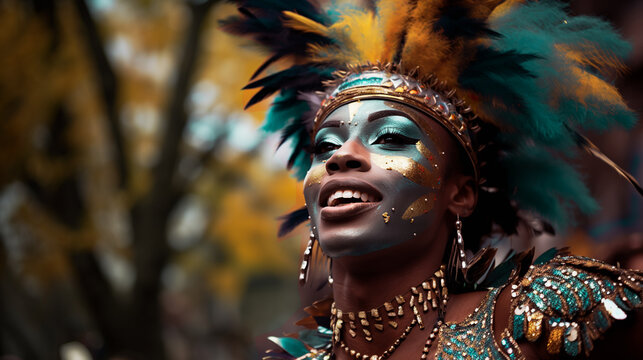 Man wearing a Carribean costume with Beautiful Headdress, LGBT, Nothing Hill Gate Carnival.