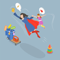 3D Isometric Flat Vector Conceptual Illustration of Supermom, Mother Day