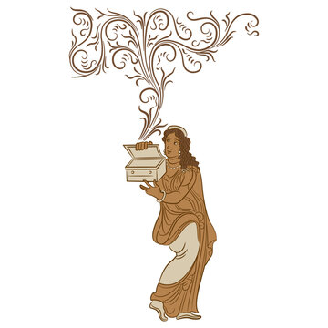 Pandora. Ancient Greek girl opening mysterious box. Let the genie out. Vase painting style. Isolated vector illustration.