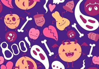 Halloween cartoon pumpkins seamless ghost and bones and skulls pattern for wrapping paper and fabrics