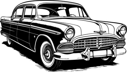Obraz premium Vintage vector illustration of a high-contrast black and white car on a white background, capturing the classic elegance of an automobile