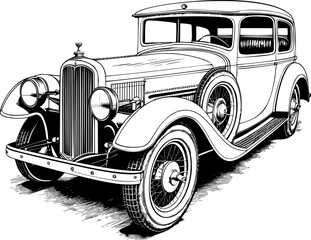Vintage vector illustration of a high-contrast black and white car on a white background, capturing the classic elegance of an automobile