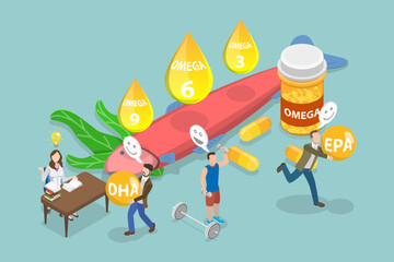 3D Isometric Flat Vector Conceptual Illustration of Omega Fatty Acid, Healthy Fats