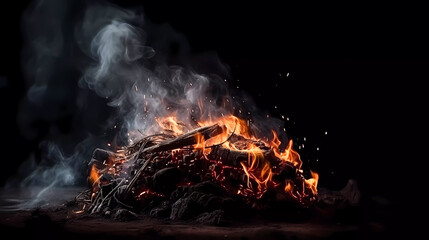 Bonfire with red-hot coals. Smoke, sparks. On a dark background. Generative AI technology.