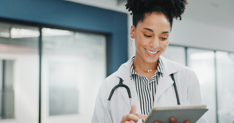 Face of happy woman doctor on tablet for medical research, hospital management and telehealth...