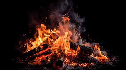 Fototapeta premium Bonfire with red-hot coals. Smoke, sparks. On a dark background. Generative AI technology.