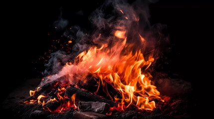 Fototapeta na wymiar Bonfire with red-hot coals. Smoke, sparks. On a dark background. Generative AI technology.