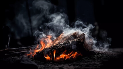 Bonfire with red-hot coals. Smoke, sparks. On a dark background. Generative AI technology.