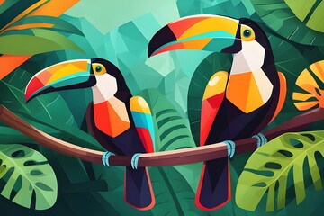 Illustration of toucans in tropical forest, geometic art