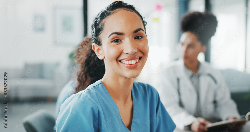 Canvas Prints Worker, face or nurse in hospital meeting for medical student, life insurance medicine or treatment training. Smile, happy or healthcare woman in portrait, teamwork collaboration or clinic planning