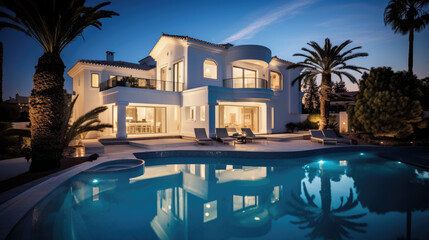 Obraz na płótnie Canvas Modern villa with pool, vibrant colors exclusive real estate house