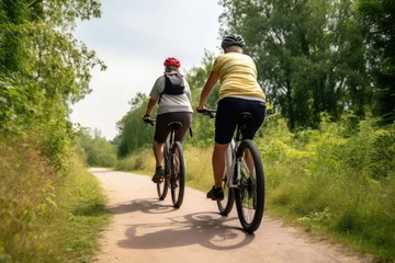 Poster Active senior couple riding electric  bicycles on trail © GalleryGlider