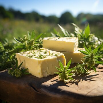 Hemp butter is a vegetable oil derived from cannabis. Ingredient for making coffeeshop desserts. Concept: Legalization of soft drugs.