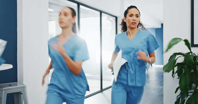 Doctors, nurses or running in hospital emergency, patient crisis or pager call in ICU stress, trauma fail or diversity clinic. Healthcare women, rushing or run in medical hallway to code blue problem