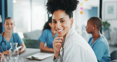 Woman, face or doctor in teamwork meeting, medical leadership or life insurance planning in...