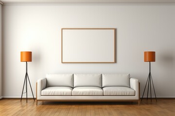 Interior with white leather sofa, floor lamps and empty frame for poster mockup. Generative AI