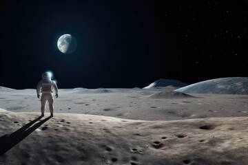 An Astronaut standing on the moon looking at a large earth